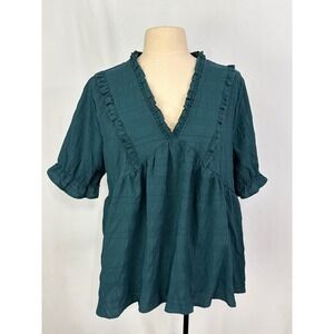 Emery Rose Womens XL Dark Teal Ruffle V-Neck Textured Babydoll Blouse Top NWT
